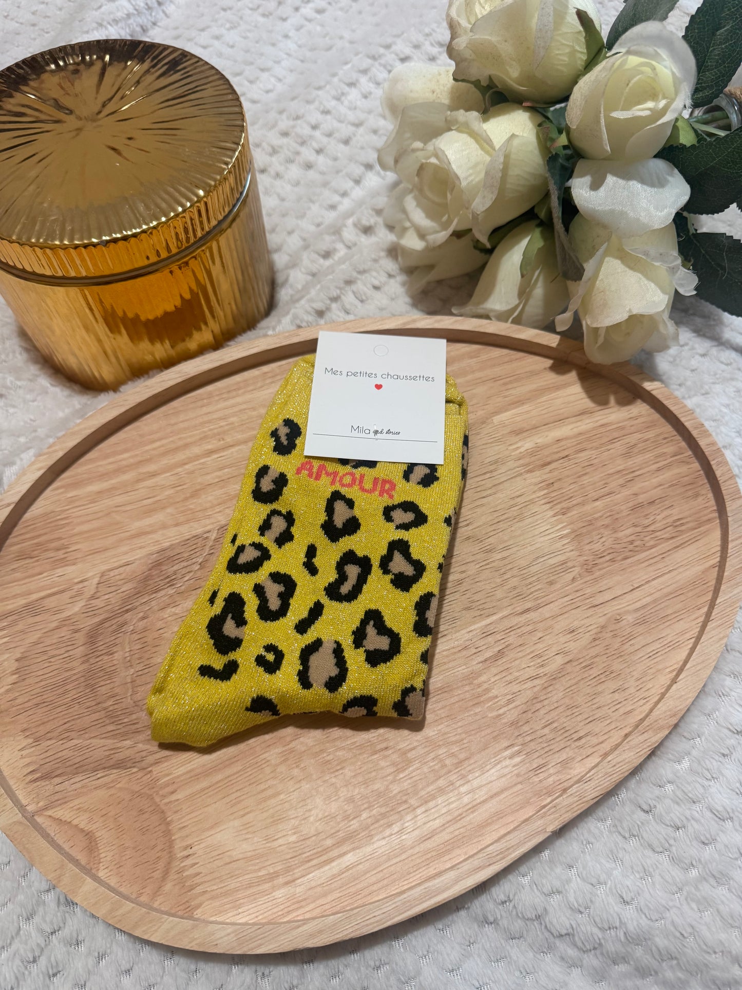 Chaussettes léopard paillettes amour jaune