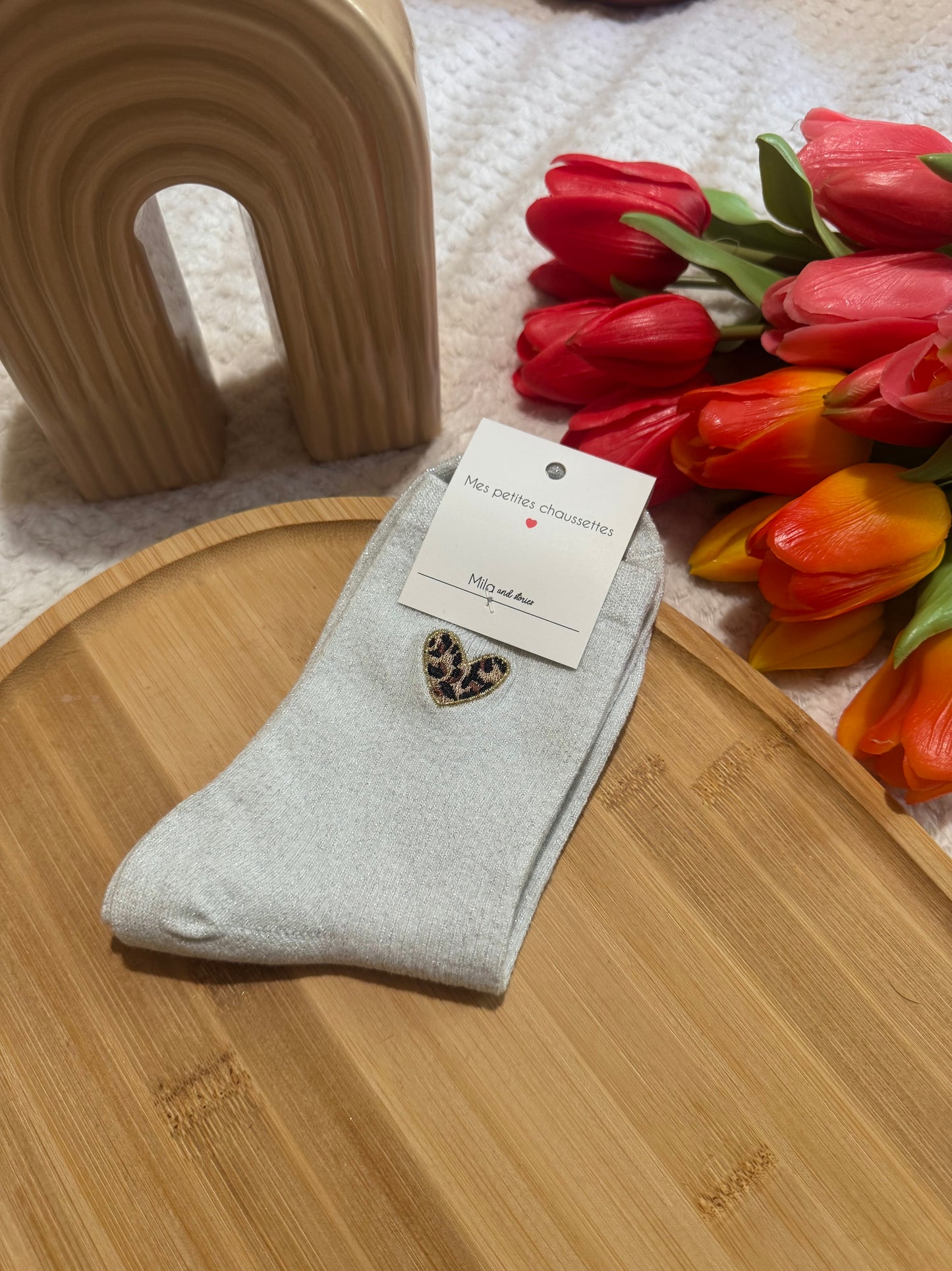 Chaussettes à paillettes coeur léopard blanc
