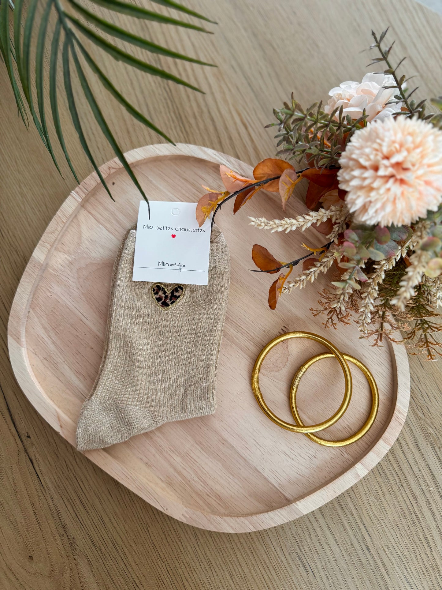 Chaussettes paillettes détail léopard beige