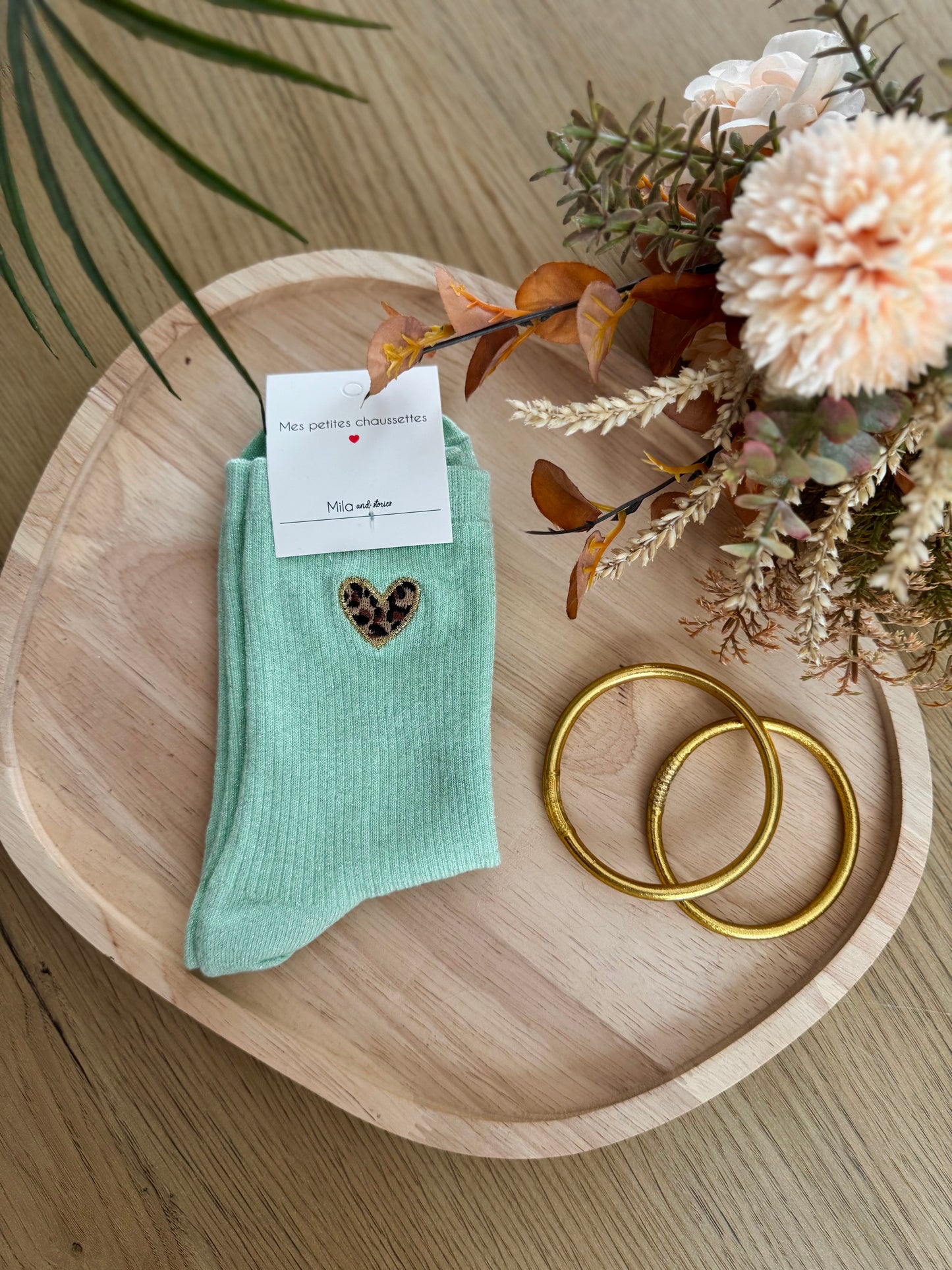 Chaussettes paillettes détail léopard vert d'eau