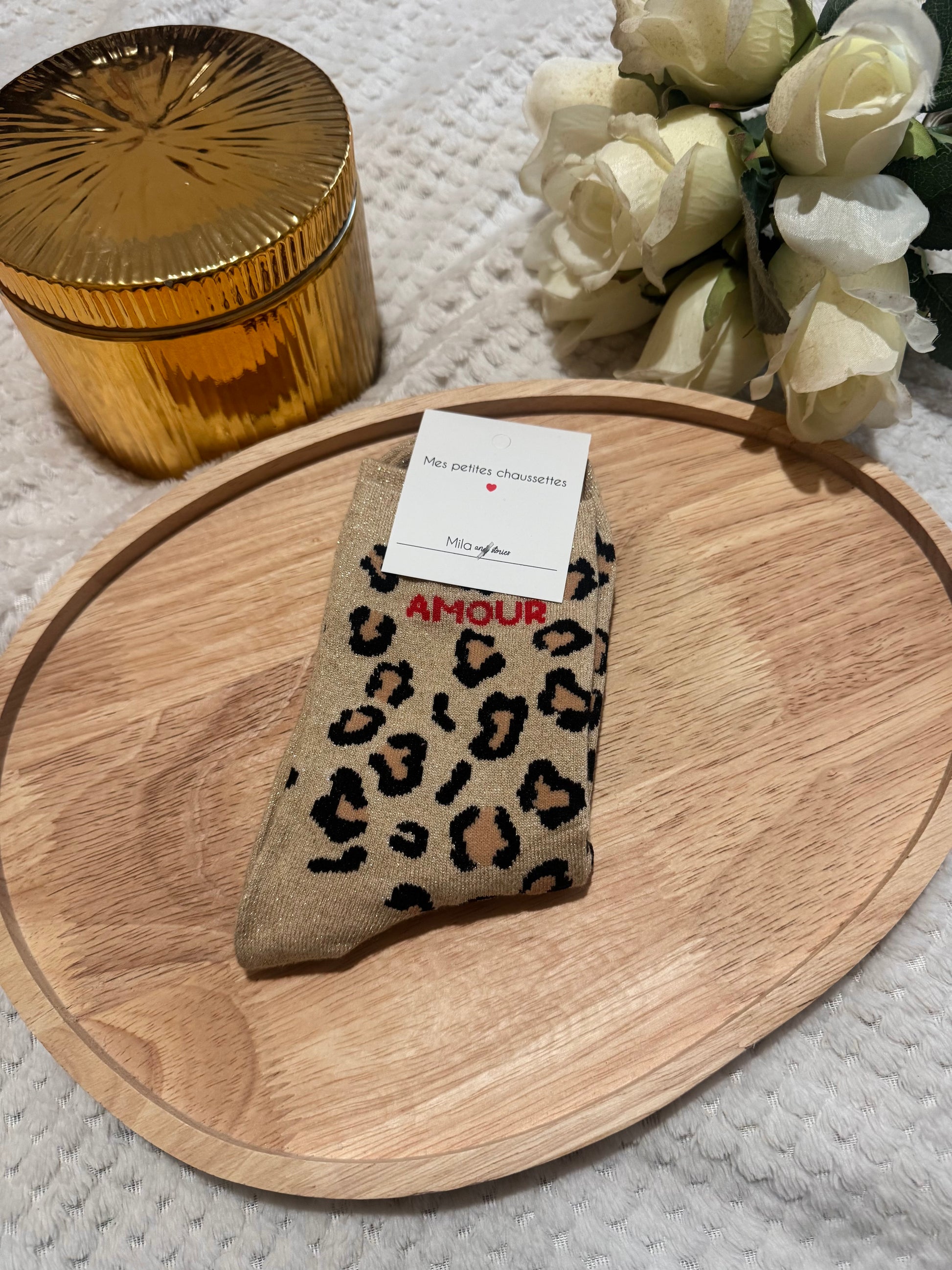Chaussettes léopard paillettes amour beige