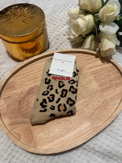 Chaussettes léopard paillettes amour beige
