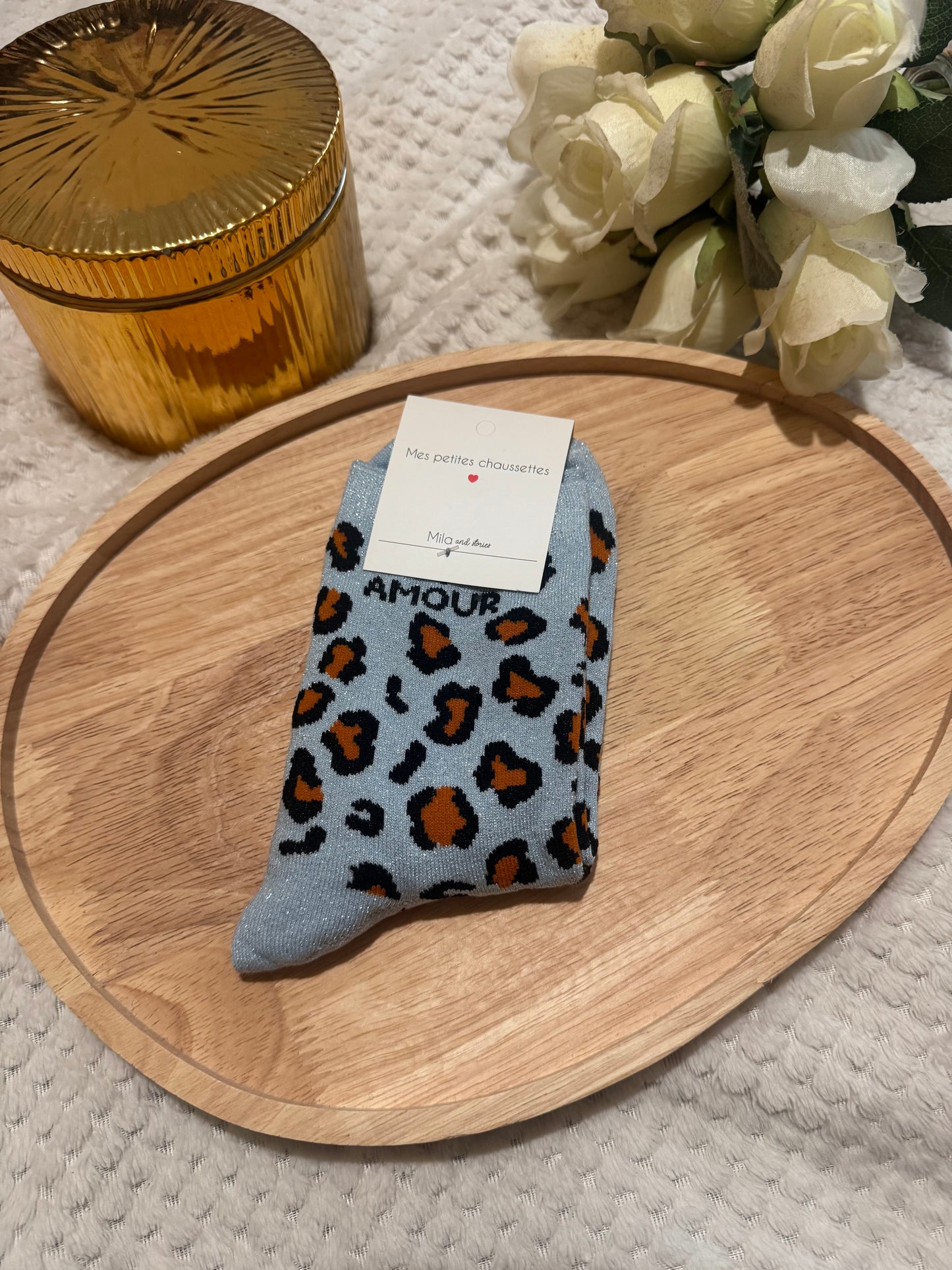 Chaussettes léopard paillettes amour bleu