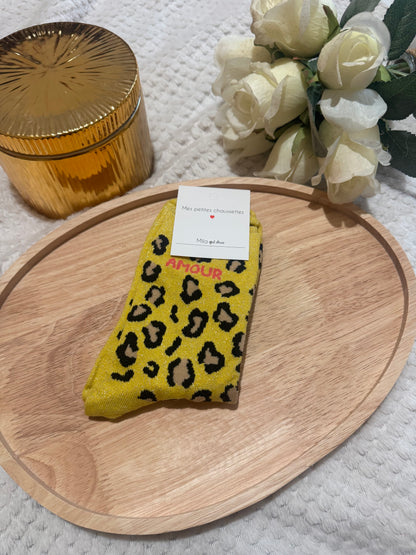 Chaussettes léopard paillettes amour jaune 