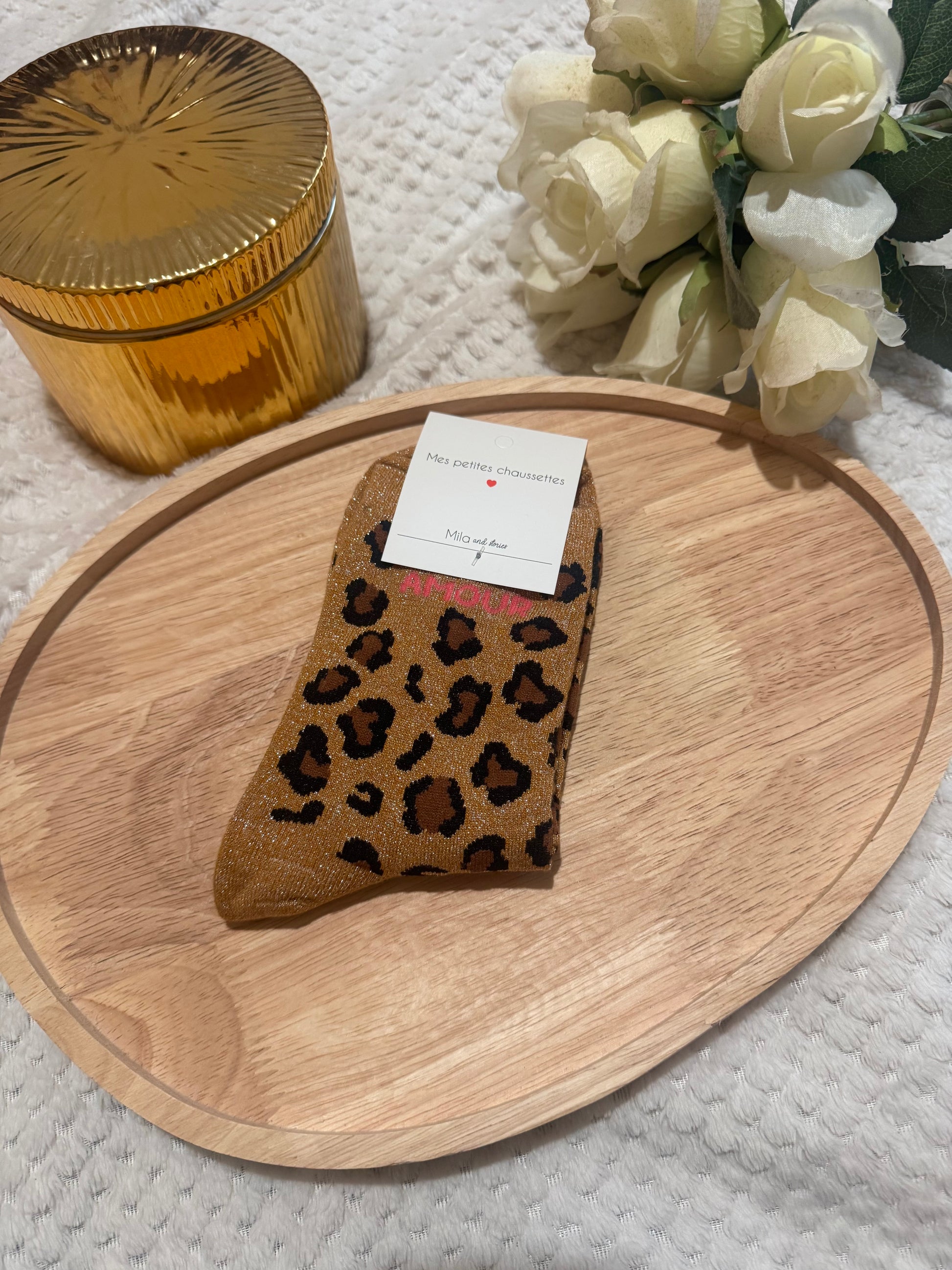 Chaussettes léopard paillettes amour marron