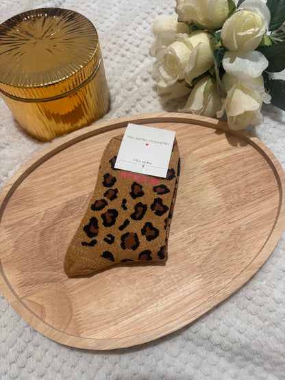 Chaussettes léopard paillettes amour marron