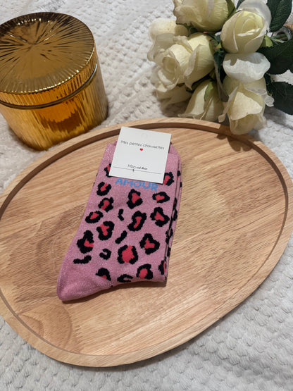 Chaussettes léopard paillettes amour rose