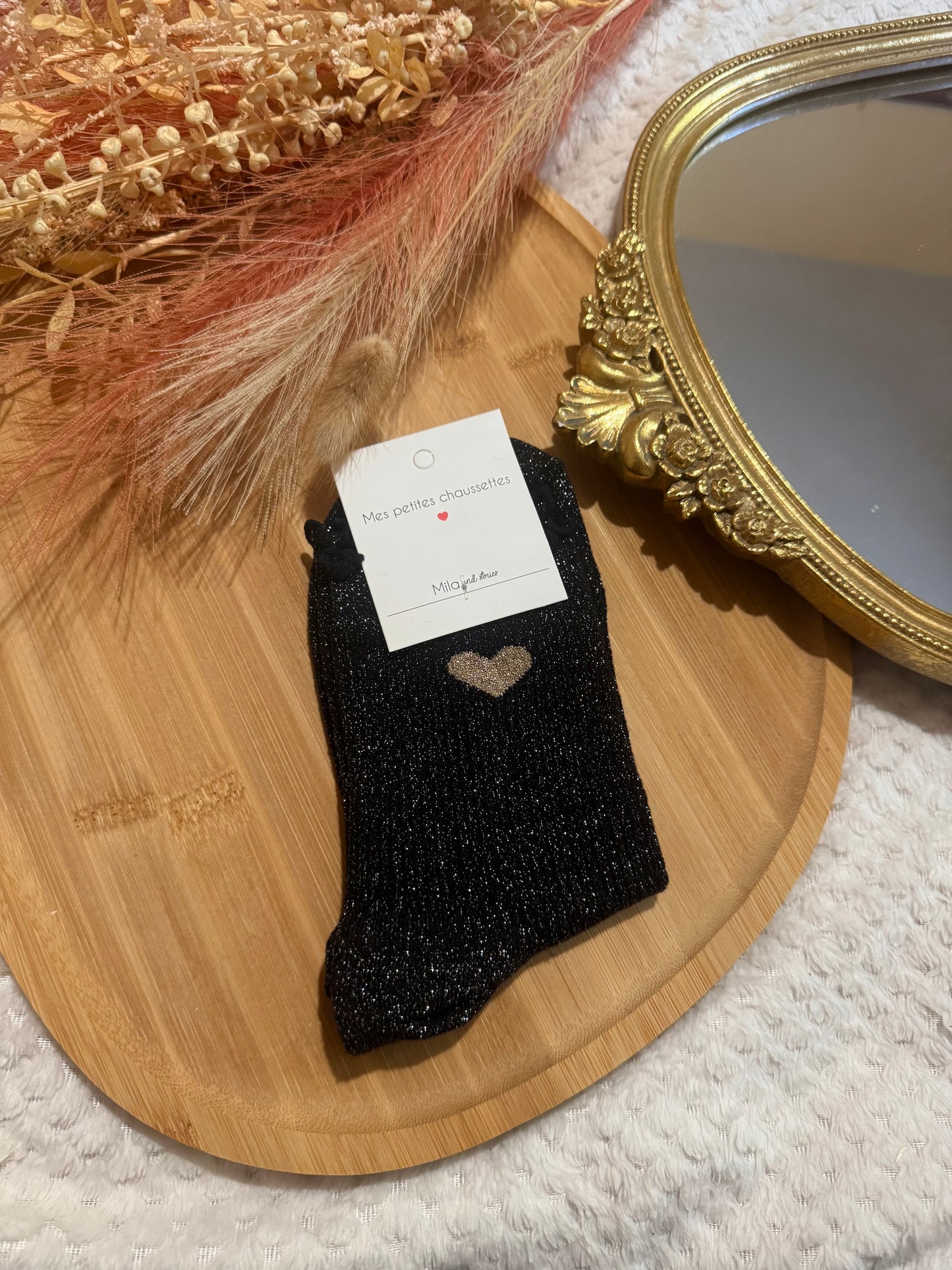 Chaussettes à paillettes coeur noir