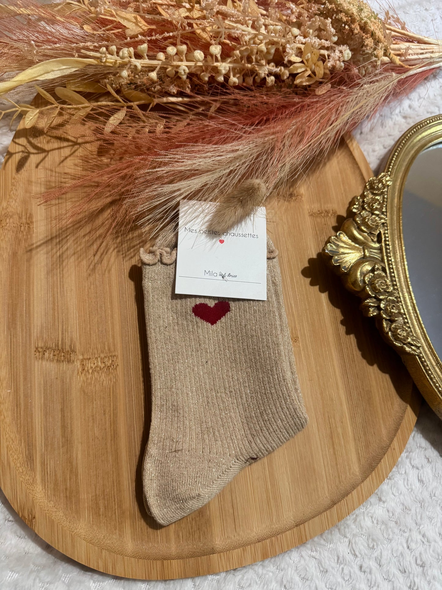 Chaussettes à paillettes coeur beige 