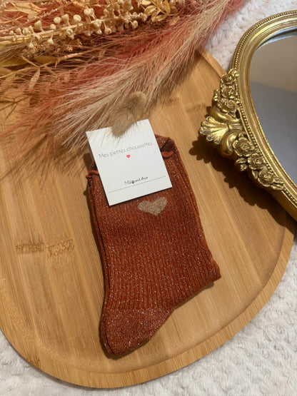 Chaussettes à paillettes coeur bronze