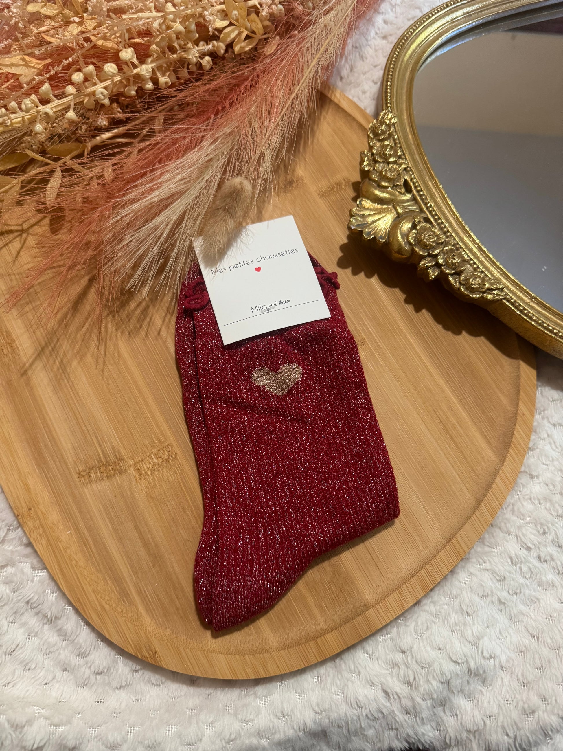 Chaussettes à paillettes coeur framboise