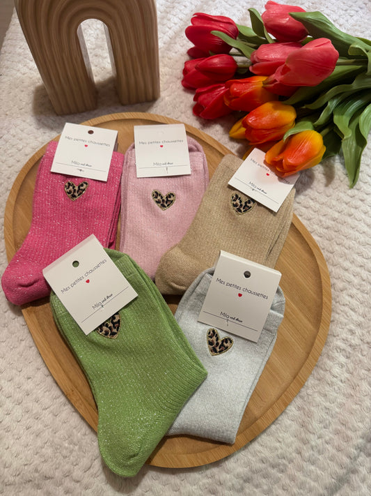 Chaussettes à paillettes coeur léopard