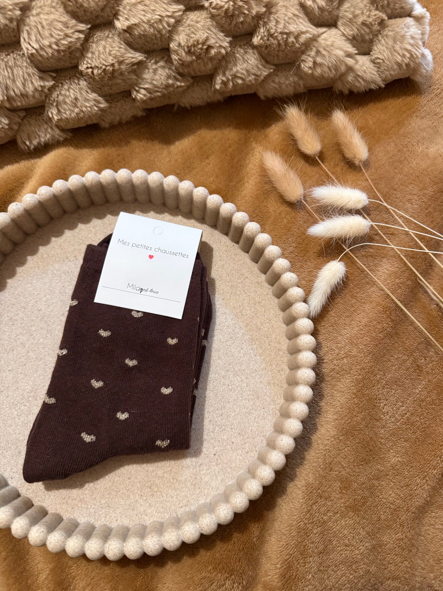 Chaussettes à paillettes coeur marron