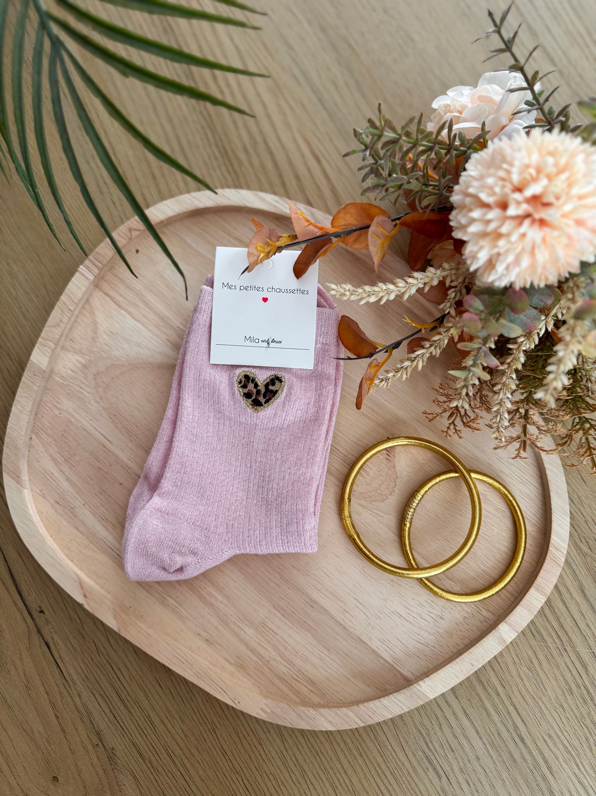 Chaussettes paillettes détail léopard rose