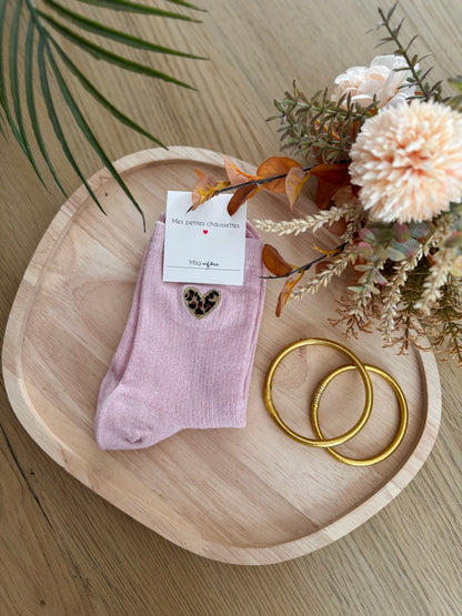 Chaussettes paillettes détail léopard rose