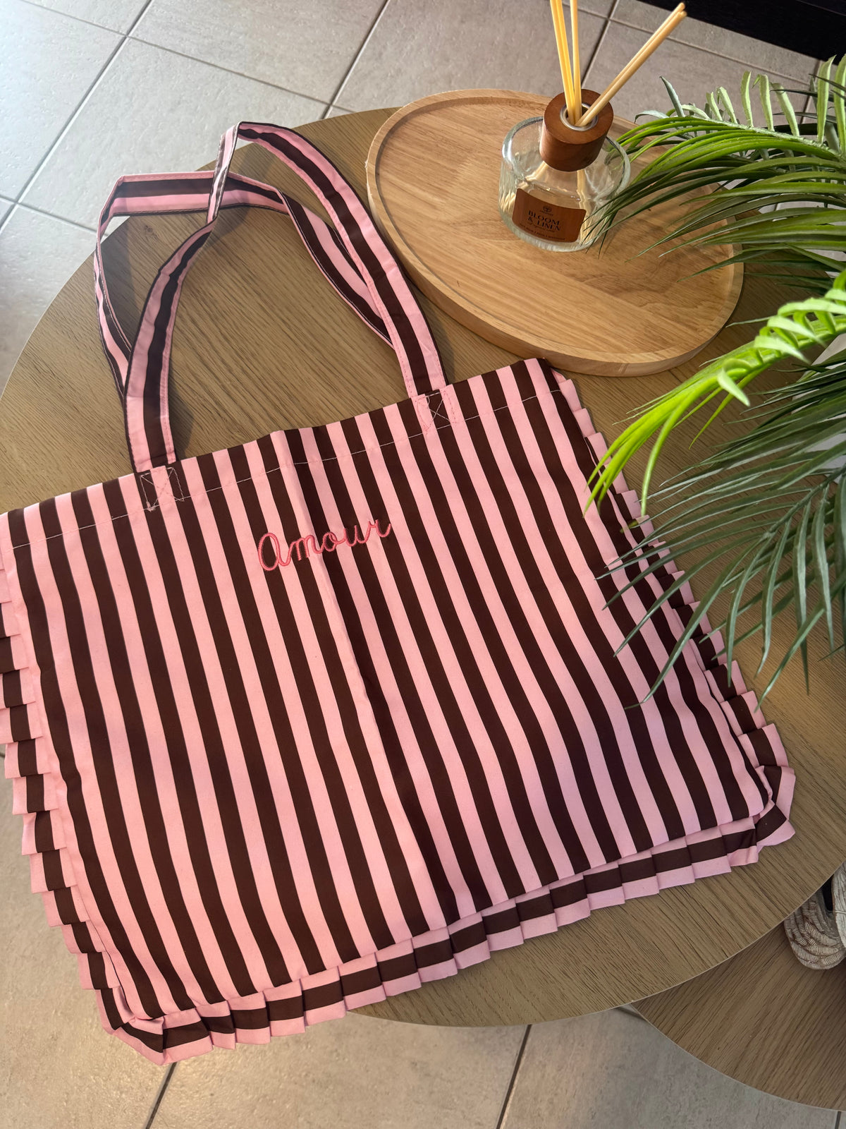 Tote-bag à rayures Amour Marron Rose